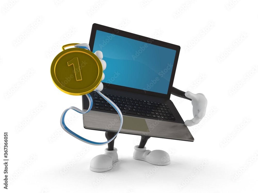 Poster laptop character with golden medal