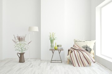 White living room with armchair. Scandinavian interior design. 3D illustration