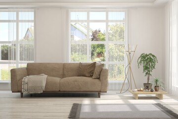 White living room with sofa and summer landscape in window. Scandinavian interior design. 3D illustration