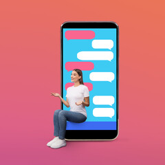 Cheerful girl sitting on smart phone screen with sms bubbles