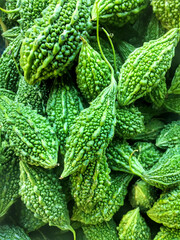 wallpaper full frame of green vegetable fresh bitter gourd or balsam pear 