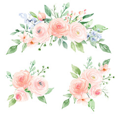 Set watercolor flowers hand painting, floral vintage bouquets with pink blush roses. Print for poster, greeting card. Birthday, wedding design. Isolated on white background.