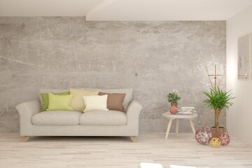 White living room with sofa. Scandinavian interior design. 3D illustration