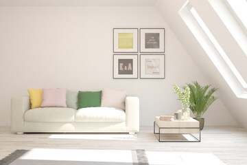 White living room with sofa. Scandinavian interior design. 3D illustration