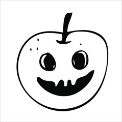 A apple with a carved scary face is a treat for the Halloween holiday table. Drawing outline black and white free style simple handwork .