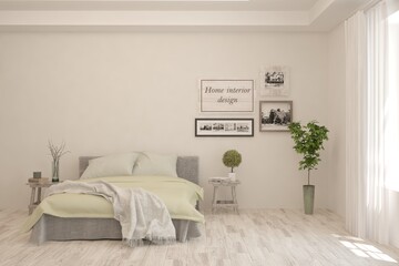 White bedroom interior. Scandinavian design. 3D illustration