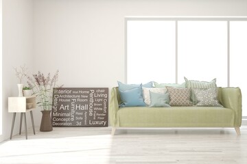 White living room with sofa. Scandinavian interior design. 3D illustration