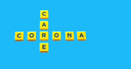 Care corona letters on blue background