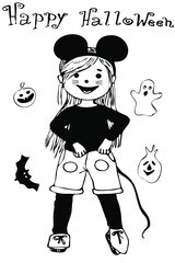 girl drew contour doodles dressed in a Halloween costume, coloring books, covers, postcards,girl in a mouse costume