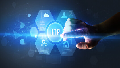 Hand touching FTP inscription, new technology concept