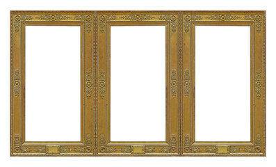 Triple golden frame (triptych) for paintings, mirrors or photos isolated on white background