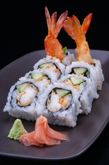 Japanese sushi roll with shrimp tempura.