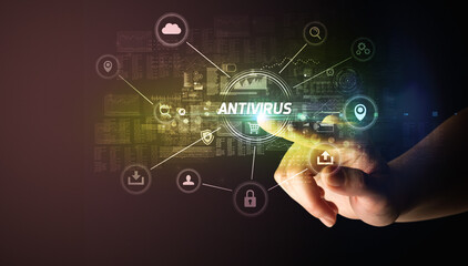 Hand touching ANTIVIRUS inscription, Cybersecurity concept