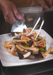 Japanese teppanyaki vegetables grilling.