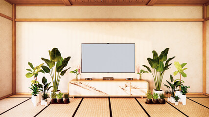 Tv cabinet in japanese living room on white wall background,3d rendering