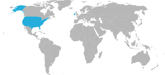 Ireland, USA countries isolated on world map. Light gray background. Economic and trade relations.