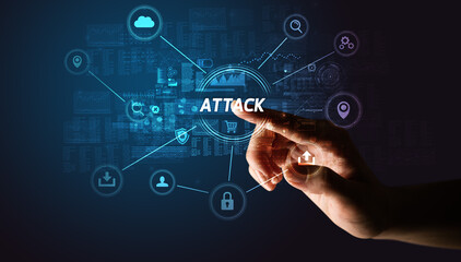 Hand touching ATTACK inscription, Cybersecurity concept