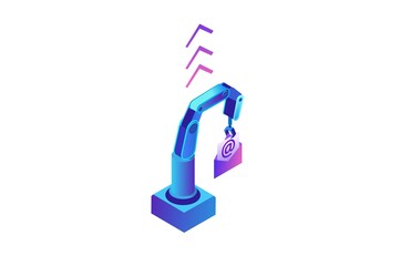 Email robotic automation, robotic arm holding message, analysis of documents, kpi analytics, digital technology in finance, 3d isometric illustration, purple background, website template