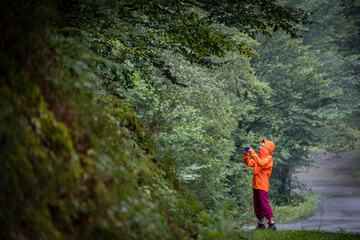escursionista fotografiando el bosque, valle de Belagua, Isaba, Navarra, Spain, Europe
