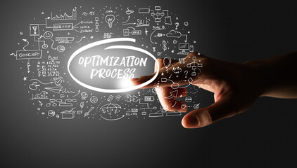 Hand touching OPTIMIZATION PROCESS inscription, hand drawn icons around, business plan concept