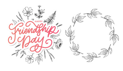 Vector illustration of hand drawn happy friendship day felicitation in fashion style with lettering text sign and color triangle for grunge effect isolated on white background