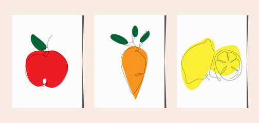 Continuous one line drawing. Fruits. Vector illustration.