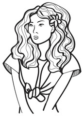 Outline doodle illustration art portrait girl with flower in curly hair 