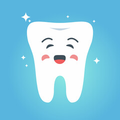 Cartoon smiling tooth.Healthy tooth icon.Oral dental hygiene.Vector flat illustration.Oral care.