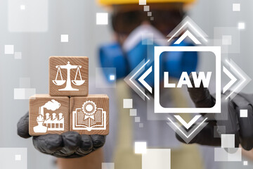 Law Manufacturing Production Concept. Legal Justice Rights Worker Compensation Industry.