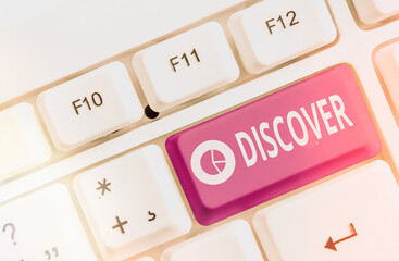 Text sign showing Discover. Business photo text obtain sight or knowledge of for the first time in...