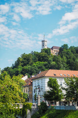 View on oldtown buildings, castle and Ljubljanica river in Ljubljana, Slovenia