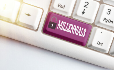 Word writing text Millennials. Business photo showcasing an individual reaching young adulthood in...