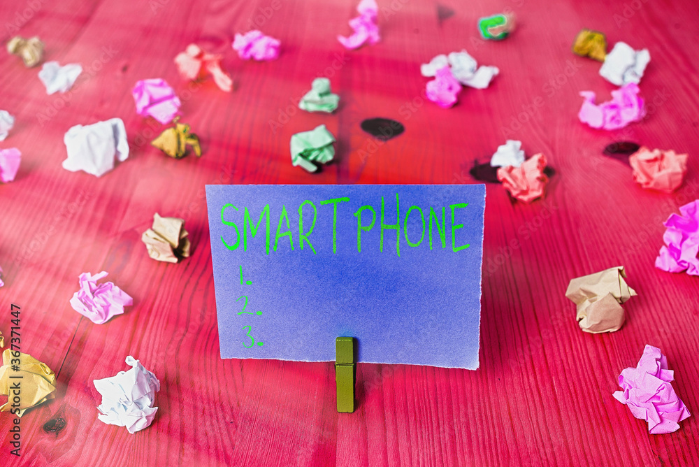 Poster writing note showing smartphone. business concept for the mobile phone that performs many of the fun