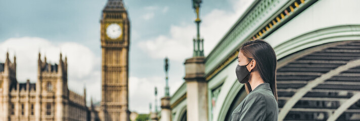 COVID-19 mask wearing business people walking in London city. Asian woman using face cover for public outdoor spaces in urban landscape banner. Tourist at view of Big Ben, UK.