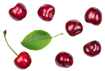 Cherry fruits isolated on white background. Top view.