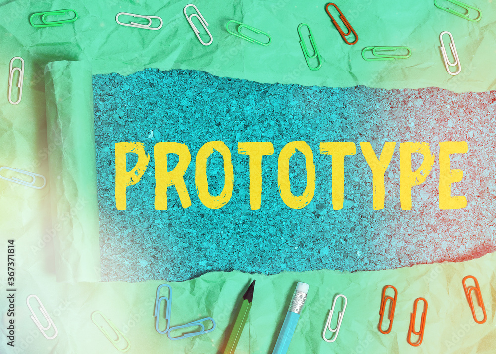 Poster text sign showing prototype. business photo text first and usually functional form of a new type or 