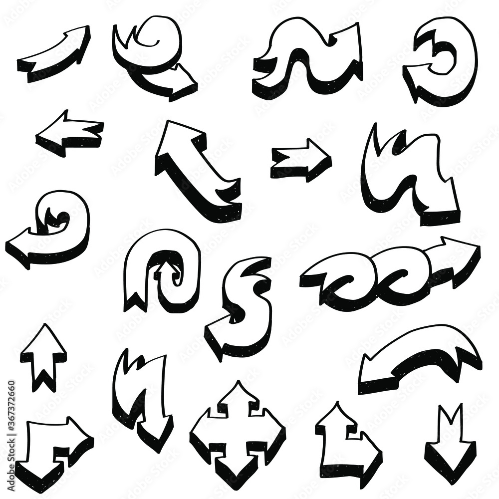 Poster abstract set black collection hand drawn different arrows elements vector design sketch style doodle
