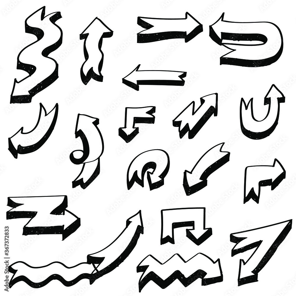 Poster abstract set black collection hand drawn different arrows elements vector design sketch style doodle
