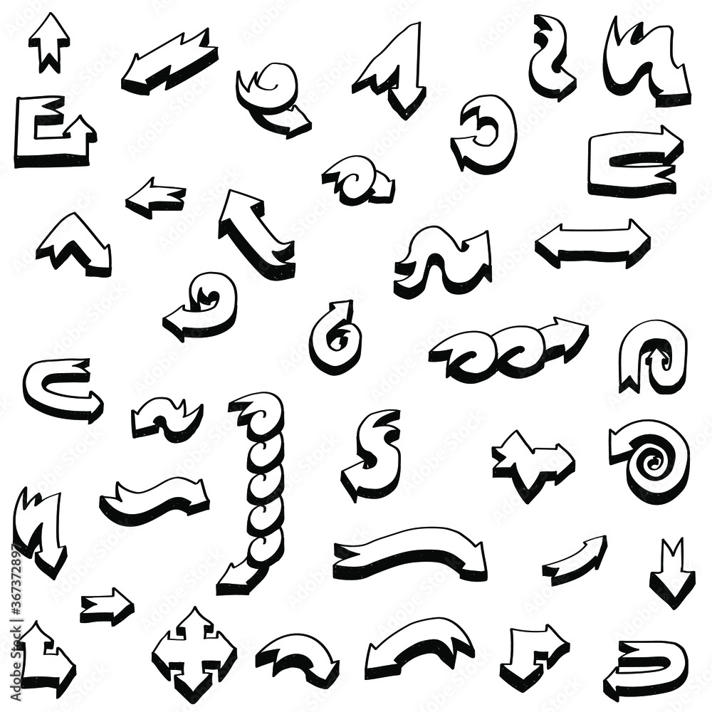 Poster abstract set black collection hand drawn different arrows elements vector design sketch style doodle