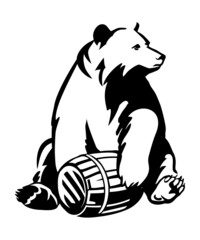 Bear sitting with a barrel of honey. Bear on white background. Typography design.