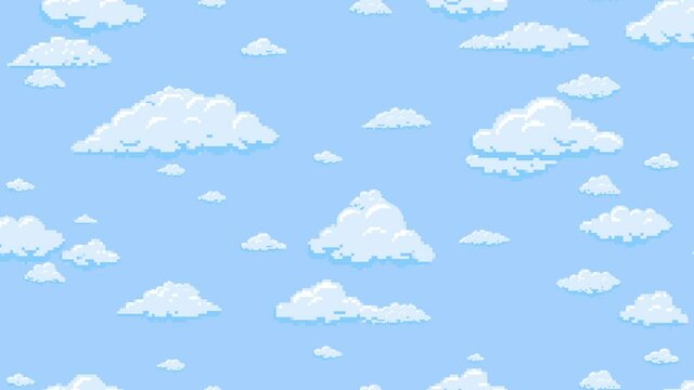 Cartoon clouds floating vertically on the blue sky background, pixelated. Seamless looping animation.