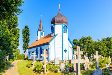 Old wooden orthodox monastery in Wojnowo village, Masurian Lakes, Poland