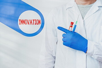 Text sign showing Innovation. Business photo showcasing the application of better solutions that meet new requirements Displaying Empty Sticker Paper Accessories Smartphone With Medical Gloves On - obrazy, fototapety, plakaty