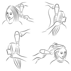 Collection. The main profile of a beautiful lady. Girl in a beauty salon. Hair is dried with a hairdryer, hair is done. Vector illustration set.
