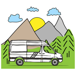White van with forest and mountains in the background. Living van life, camping in the nature, travelling. Vector Illustration. 