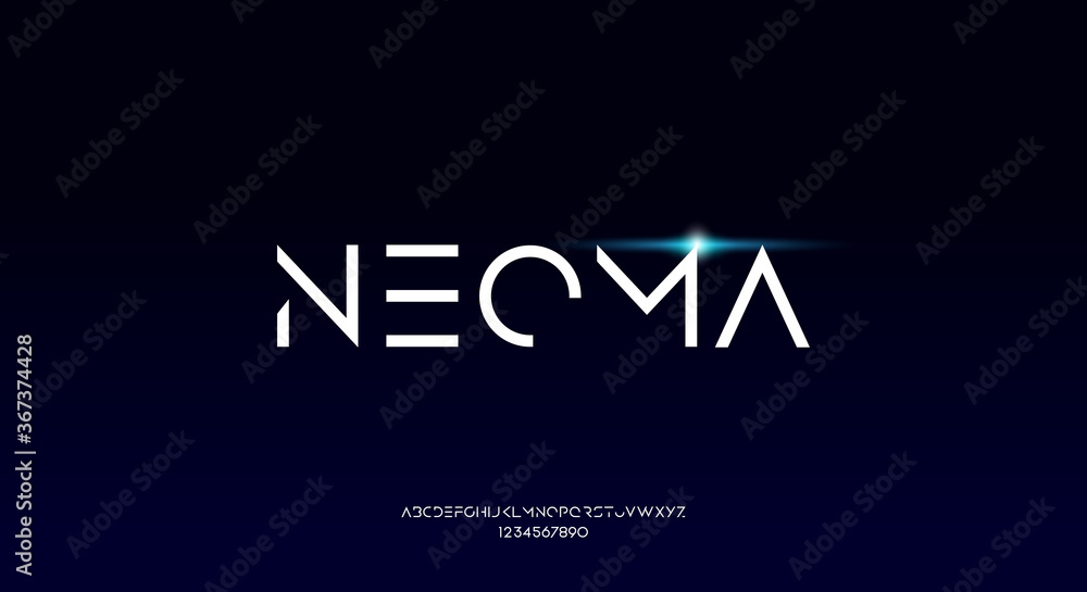 Fototapete neoma, an abstract geometric technology science alphabet font. digital space typography vector illus