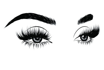 Hand-drawn woman's luxurious eye with perfectly shaped eyebrows and full lashes. Idea for business visit card, typography vector.Perfect salon look.