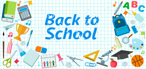 Back to school background. Set of school supplies. Flat design. Vector Illustration. Template for advertising brochure.