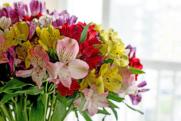 Alstroemeria bouquet of flowers in a vase by the window. Beautiful bouquet of colorful flowers in the apartment by the window.