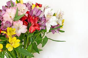 Many lilac purple pink flowers close up. Alstroemeria multicolored flowers close up. Background of bright daylilies